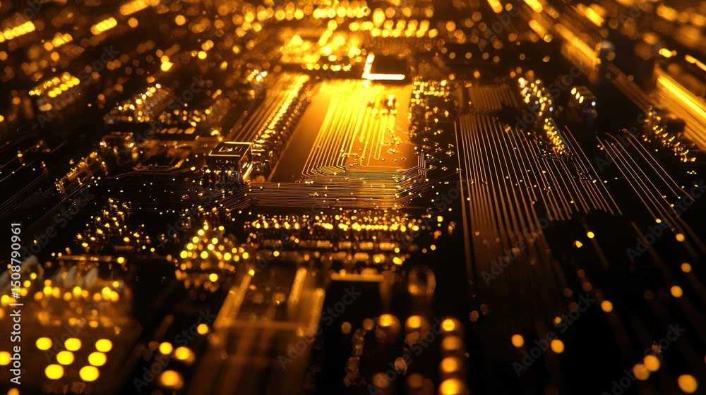 Aufkleber Detailed image of a CPU showcasing its gold pins and shiny surface, with cooling paste applied for optimum computing performance.