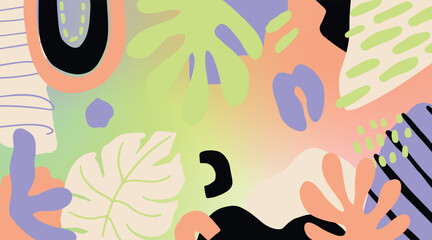 Summer gradient pastel modern rainbow background with abstract leaves and objects. Gradient design background for concepts, wallpapers, web, presentations and prints