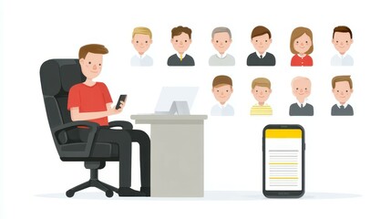 Obraz premium A young professional sitting at a desk, using a smartphone. Faces of colleagues appear in a virtual meeting display, illustrating remote work and modern communication.