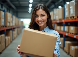 Fototapeta premium Woman holding a cardboard box in a warehouse