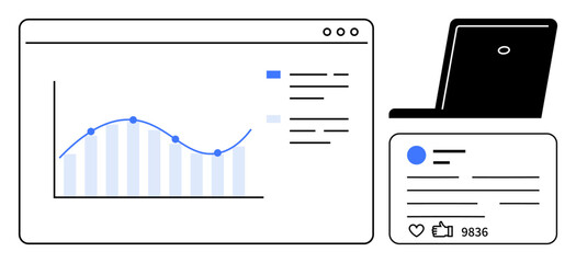 Analytics dashboard with graph, social media post with thumbs ups and comments, laptop for online monitoring. Ideal for data analysis, social media, productivity, marketing, business strategy