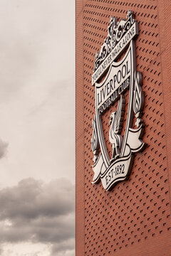 The Liverpool badge on the stadium wall, Anfield