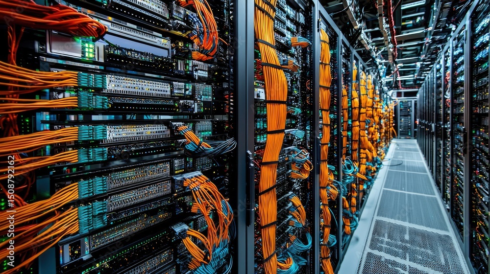 Poster A close-up features a server rack processing significant data volumes, with AI algorithms optimizing real-time data flow.