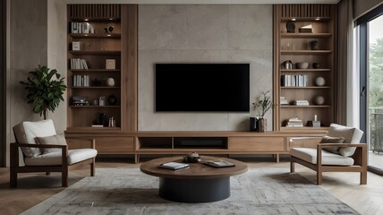 Modern living room interior , flat screen TV and minimalist furniture
