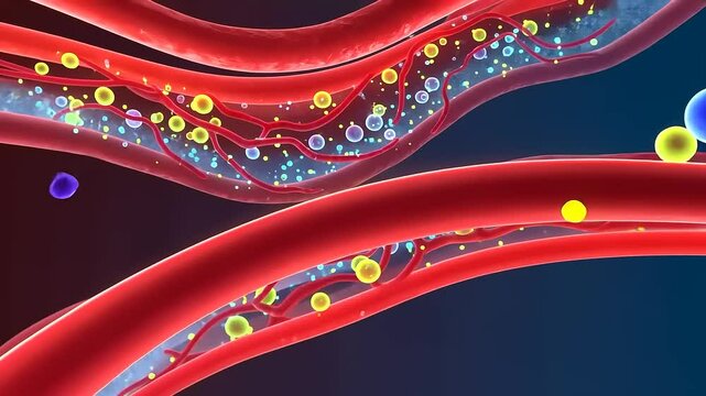 Colorful illustration of blood vessels with particles, depicting cellular activity and circulation