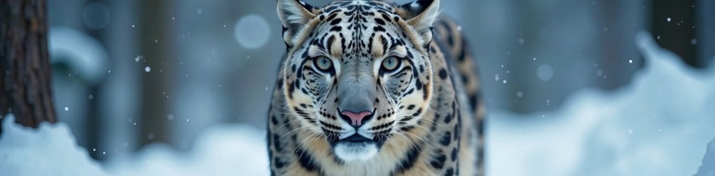 Close-up of fierce snow leopard's face with piercing gaze through snowy forest, wild snow leopard, snow leopard face, animal eyes