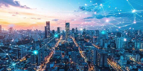 Futuristic urban landscape with advanced technology, interconnected systems, and glowing towers beneath a radiant sky.