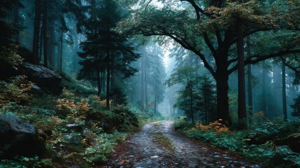 Serene forest path winding through dense woodland with soft ethereal light filtering through tall trees, creating a natural archway. Lush green underbrush, moss-covered rocks, and scattered fallen lea