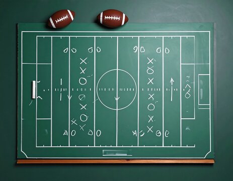 Overhead view of a chalkboard depicting an American football field with plays drawn in chalk and two mini footballs on top