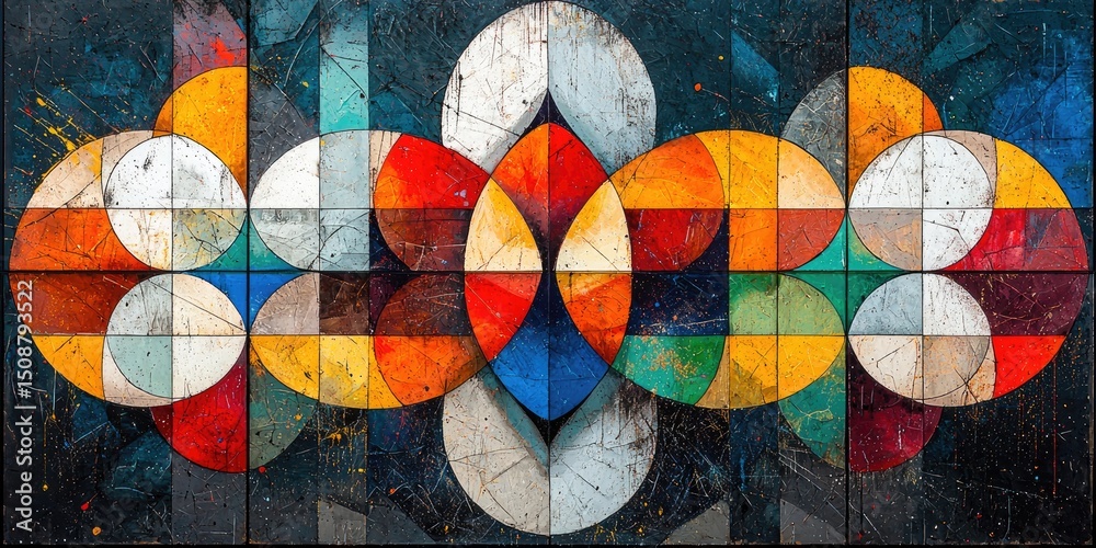 Poster an abstract composition that highlights geometric patterns merging and transforming, employing a mix