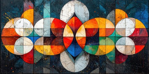 Fototapeta premium An abstract composition that highlights geometric patterns merging and transforming, employing a mix of striking colors and detailed intricacies to craft a visually capti