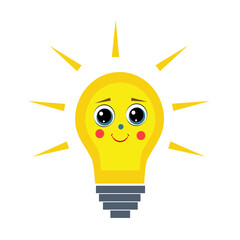 Cute Light Bulb with a Gentle Face on a White Background