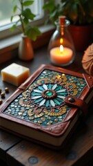 Intricate stained glass design on leather journal with candlelit ambiance.
