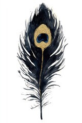Obraz premium Dark peacock feather watercolor painting black.