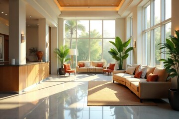 A bright, airy hotel lobby with comfortable seating areas and natural light streaming through large windows, creating a warm and inviting atmosphere , comfortable, serene, bright