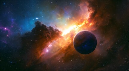 A planet in the middle of a golden nebula cloud shines brightly in the darkness of space.