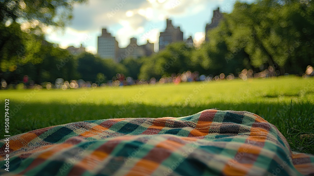 Aufkleber the texture of a picnic blanket on the grass, with a busy city park full of activity in the backgrou