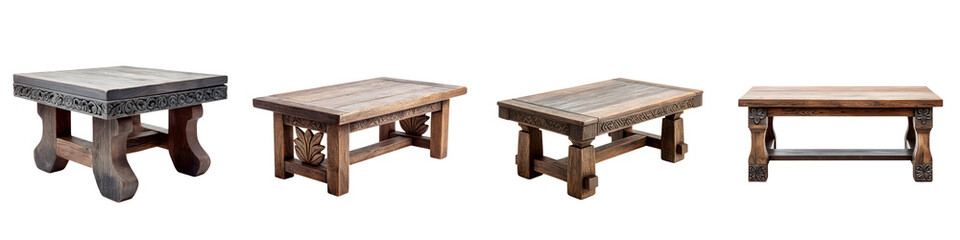 Rustic wooden coffee tables showcasing craftsmanship with intricate carvings, featuring a variety of designs in natural tones perfect for home decor or furniture display