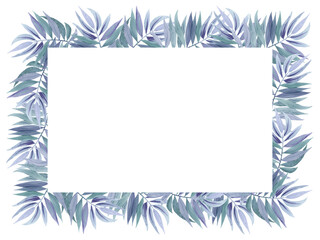 Watercolor blue green tropical tree palm leaves branches illustration frame horizontal isolated background. Floral elements, palm leaf. Hand-painted. For print, bags, cards, design, invitation