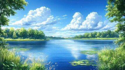 Serene lake landscape under a summer sky. Lush greenery surrounds a calm body of water