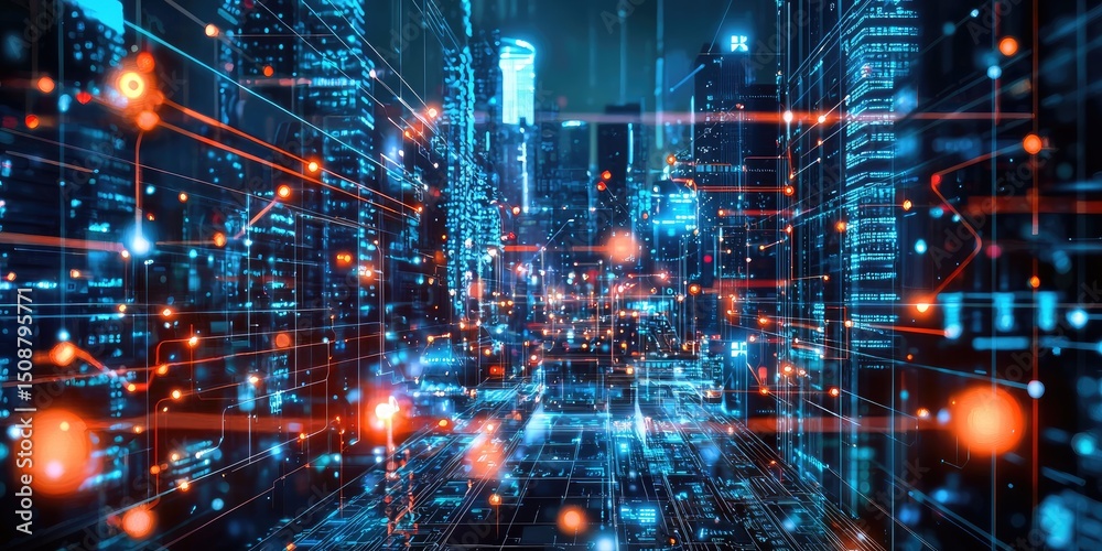 Poster conceptual architecture in a futuristic city with robotic elements, smart technology, and sleek desi