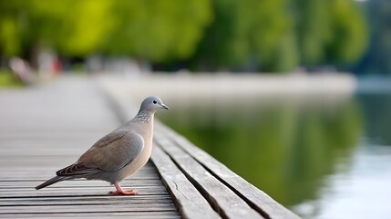 Fototapeta premium Peaceful dove perched on a wooden dock overlooking a tranquil lake