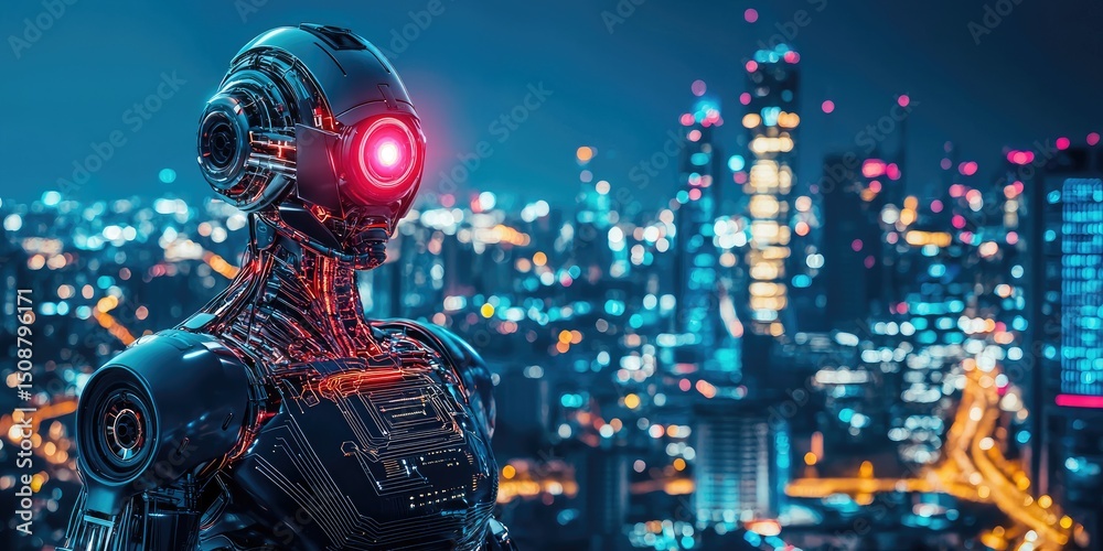 Sticker a cyberpunk robot in action, featuring dynamic movement, glowing circuitry, and a dark, dystopian ci