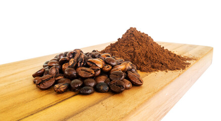 coffee beans on wooden table isolated on white