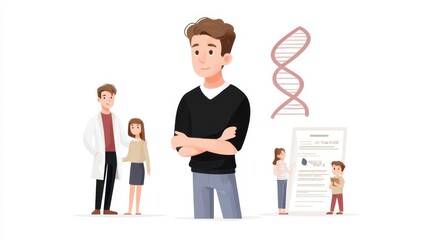 Illustration depicting the concept of genetic research, featuring a young male protagonist alongside scientists, representing advancements in DNA studies and personalized medicine.