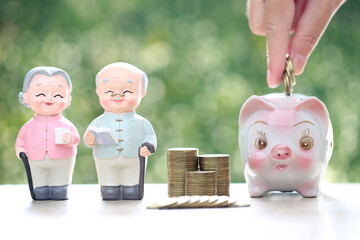 Mutual fund,Love couple senior and piggy bank with stack of coins money on natural green background, Save money for prepare in future and pension retirement concept