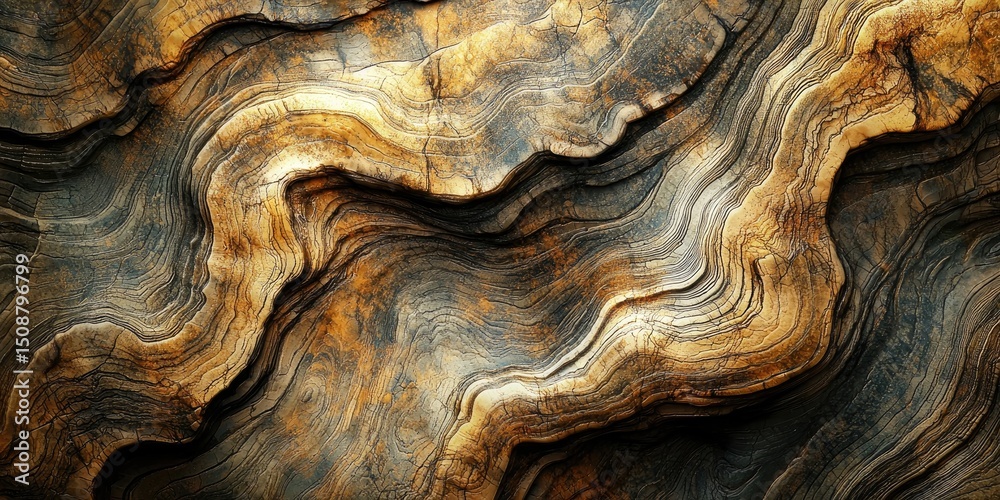 Poster a detailed view of abstract organic patterns reminiscent of wood grain or stone, featuring rich text