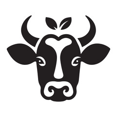 Black and White Cow Silhouette Vector Image with Leaf Decoration