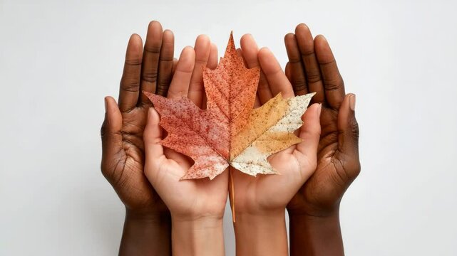 Diverse hands holding a maple leaf to celebrate Canadian Multiculturalism Day