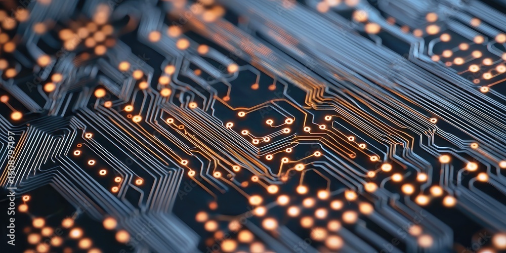 Aufkleber detailed view of repeating circuit patterns characterized by sharp lines and geometric precision, pe