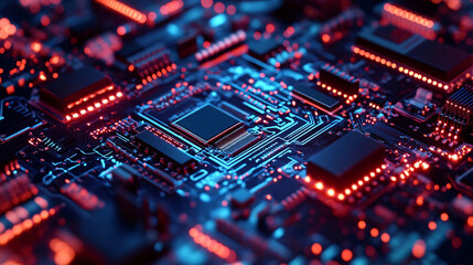 Obraz premium Intricate circuit board illuminated by bright red and blue lights, ready for data processing.