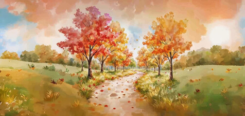Picturesque fall scene with a dirt path winding through a field bordered by vibrant red and yellow trees, set beneath a partly cloudy sky.