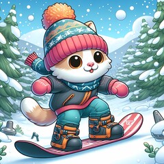 A cute playful cat playing a snowboard in a snowy mountain landscape with falling snowflakes, surrounded by snow covered trees, cartoon, wallpaper, tshirt prints