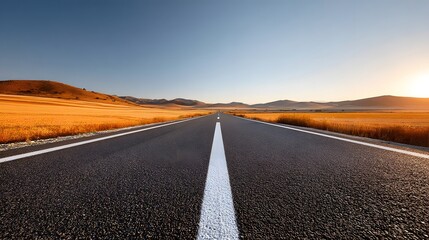 Empty rural highway under golden sunlight