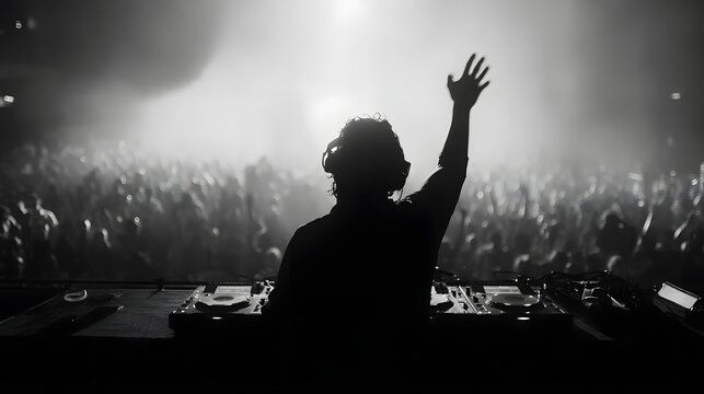 DJ performing energetically on stage with raised hand, surrounded by an enthusiastic crowd in a dimly lit venue