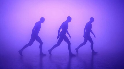 Three silhouetted figures walking in a tranquil atmosphere of mist and purple light, suggesting introspection and the journey of self-discovery.