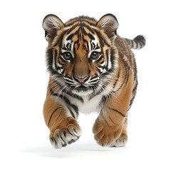 Obraz premium Adorable Baby Sumatran Tiger Cub Running Forward on White Background