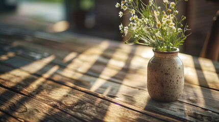 A rustic ceramic vase filled with wildflowers sits on an old wooden table, illuminated by soft sunlight. The warm atmosphere and delicate shadows create an inviting scene. 