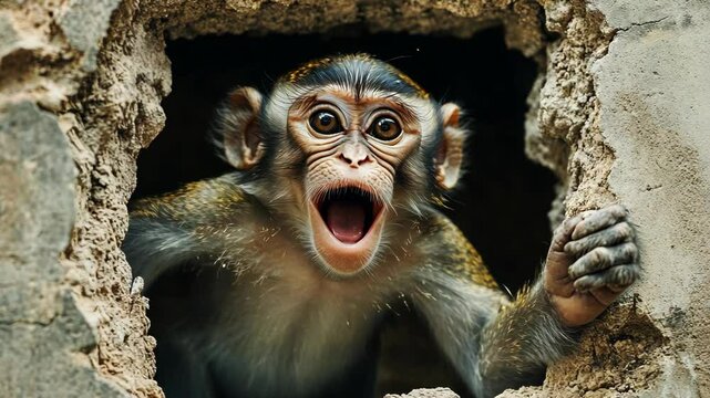 Surprised monkey looking out from a damaged wall with its mouth open in shock, looking directly at the viewer, brown eyes, curious