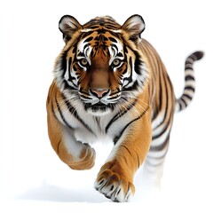 Fototapeta premium Majestic Tiger Charging Forward on White Background Powerful Wildcat Animal Image