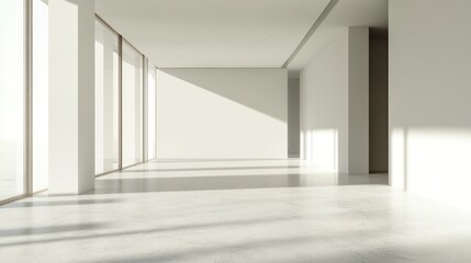 Sunlit Minimalist Interior Design:  A Modern Empty Room with Large Windows and Concrete Floor