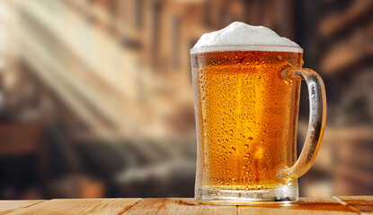 Cold glass of beer on wooden table with copy space with blurred brown grunge cozy vintage-style background. Warm ambiance mockup for beverage advertising, pubs, menus, and lifestyle content.