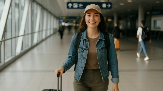 Woman traveler airport travel with luggage pulling suitcase vacation trip adventure lifestyle journey 4k uhd video