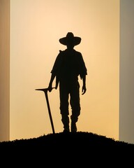 Silhouette of a farmer standing on a hill with a hoe at sunset, symbolizing hard work and perseverance