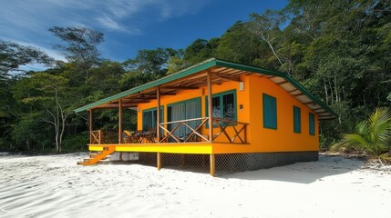 Obraz premium Vibrant orange beach hut on white sand
