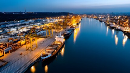 Bustling port city at night with glowing lights and docked ships
